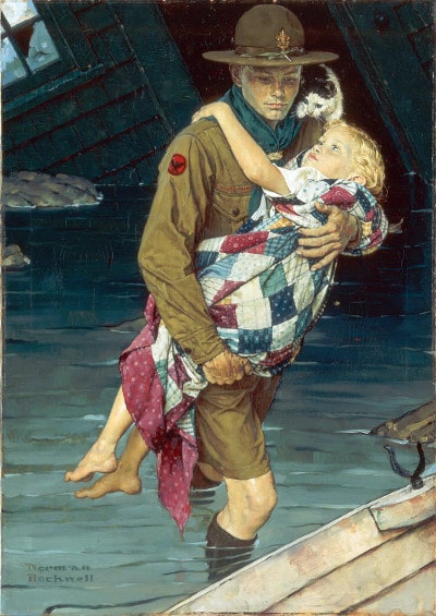 Vintage illustration boy scout young man saving young girl from drowning.