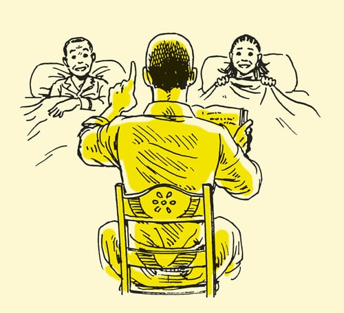 A drawing of a man sitting in a chair and reading a book to a woman, capturing the essence of family tradition.