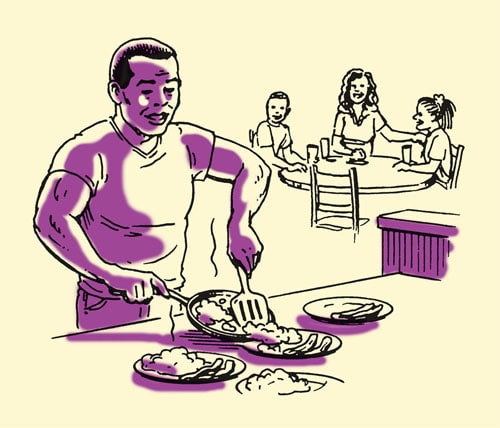 Dad making dinner for family illustration.