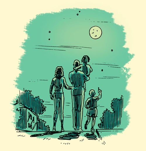 Family on nighttime walk looking at full moon illustration.