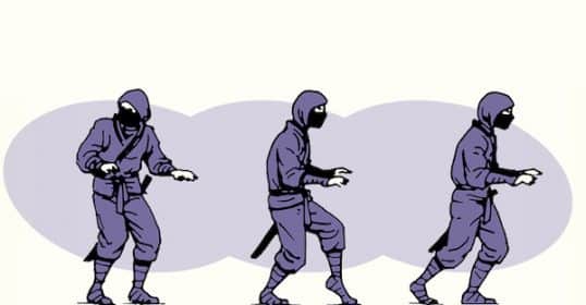 Three sequential illustrations of a person in a ninja costume showcasing different stealth walking poses.