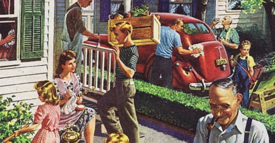 A painting of a family in front of a car, ensuring the home is in tip-top shape.