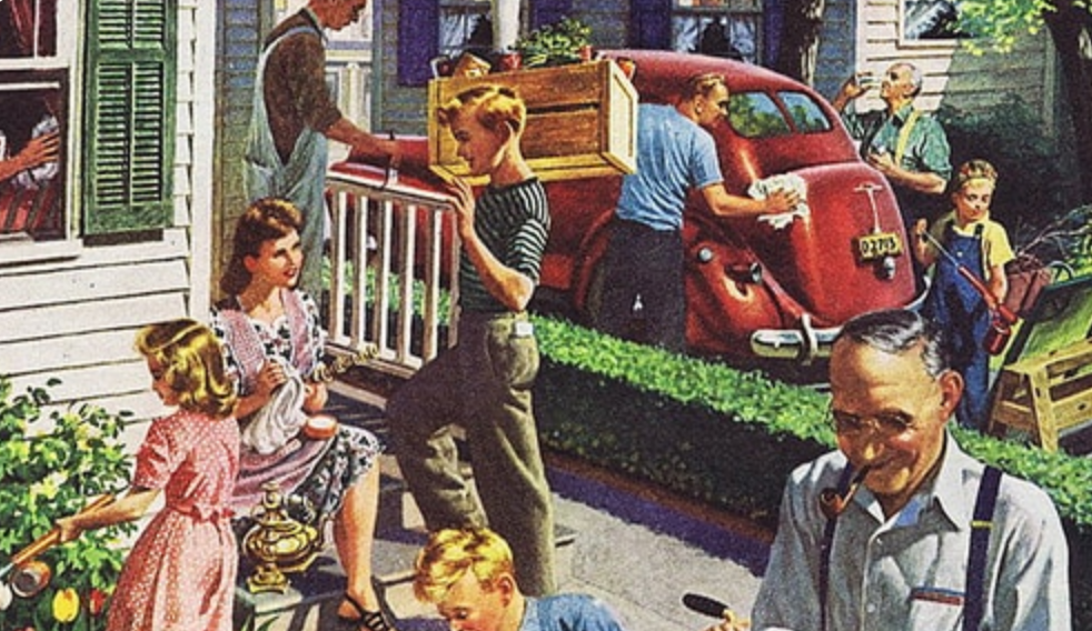 A painting of a family in front of a car, ensuring the home is in tip-top shape.
