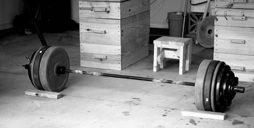 Garage gym equipment barbell with heavy weights.