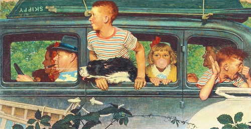 vintage painting illustration family in car kids hanging out windows 