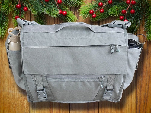 ITS tactical discreet messenger bag with christmas background.