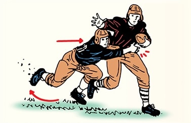 A vintage illustration of a pro football player expertly dodging a tackle, both athletes in protective gear and helmets, captures the art of how to tackle and evade on the field.