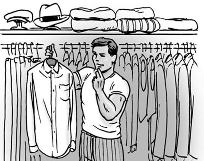 An illustration of a man browsing through clothes on a rack in his wardrobe.