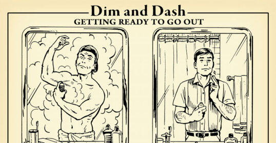 Dim and Dash are getting ready to go out with their baby. They carefully dim the lights to create a calm atmosphere and then dash out the door, excited for their outing.