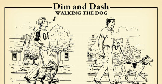 Dim and Dash are out for a walk with their dog.
