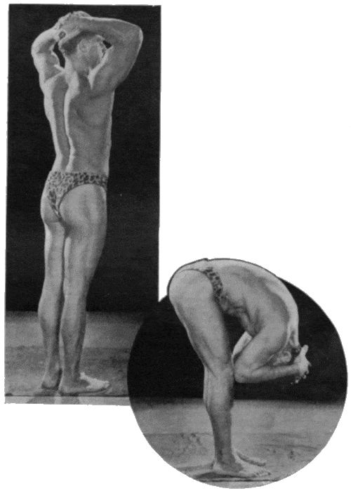 A black and white drawing of a man in an exercise routine pose.