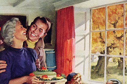 A painting portraying parents sitting in a living room with dignity.