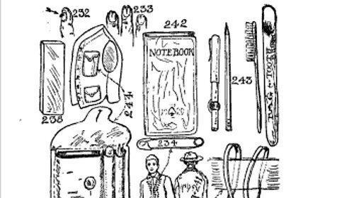 A black and white drawing of a person's personal items from an old school camping trip.