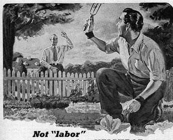 An old ad featuring a man getting to know his neighbor while holding a tennis racket.