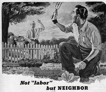 An old ad featuring a man getting to know his neighbor while holding a tennis racket.
