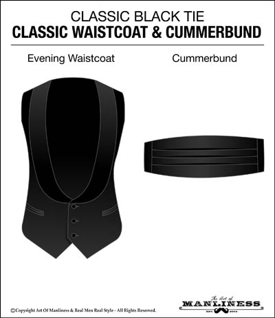 Classic black tie outfit waistcoat vest and cummerbund.