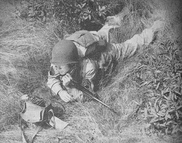 A WWII soldier laying in the grass with a rifle.