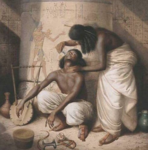 A painting capturing an ancient Egyptian ritual of a woman grooming a man