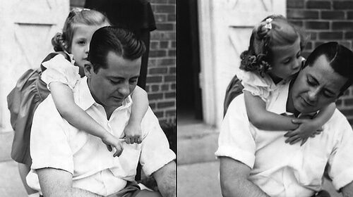 Two black and white photos showcasing a father raising his daughter.