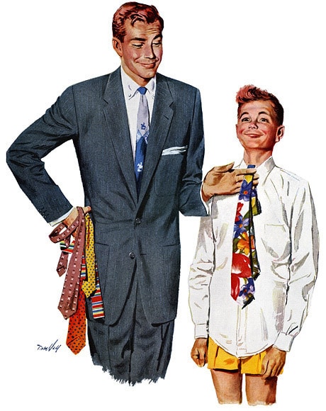 An illustration of a man and a boy demonstrating how to tie a tie.