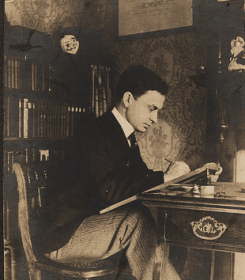 A man immersed in studies, sitting at a desk and diligently writing a letter as a culmination of his deep contemplation inspired by the Manvotional writings of Francis Bacon.