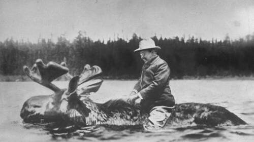 A man enjoying a playful ride on a moose in the water during the 30 Days to a Better Man challenge.