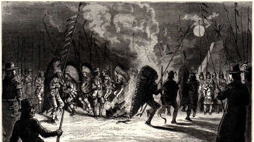 An evocative black and white illustration capturing a group of people engrossed in a mesmerizing fire, highlighting Man's Need for Ritual.