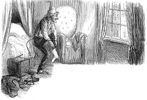 Ebenezer scrooge wood engraving putting socks on joyous look.