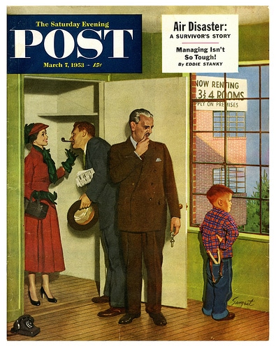 A DIY poster featuring a man and a woman engaged in a weekend project, standing in front of a door.