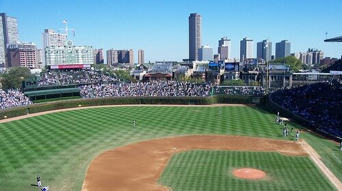 Wrigley Field, the iconic Chicago Cubs baseball stadium located in Chicago, Illinois.
