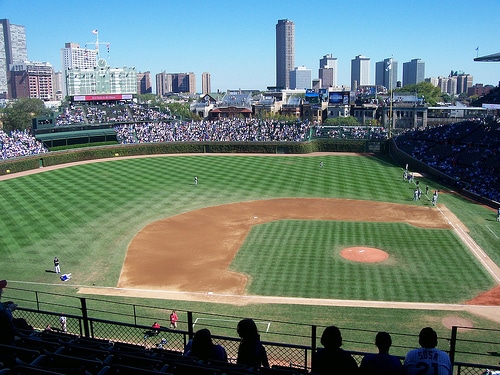 Wrigley Field, the iconic Chicago Cubs baseball stadium located in Chicago, Illinois.