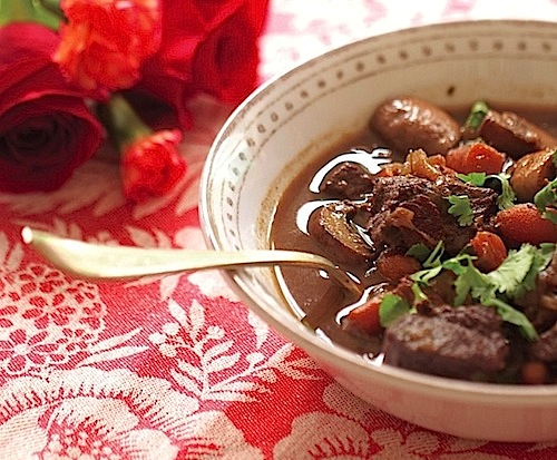 Vintage homemade venison bourguignon.