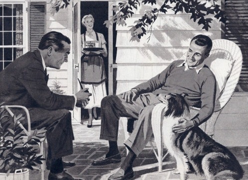 Vintage black white illustration businessmen talking back patio casual.