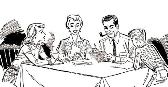 A black and white drawing that depicts a positive family culture, where the family is gathered at a table led by their plan.