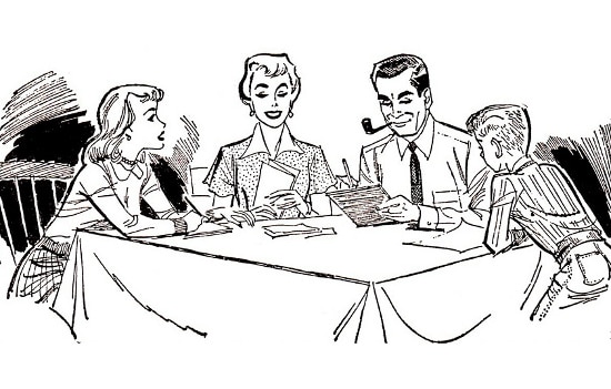 A black and white drawing that depicts a positive family culture, where the family is gathered at a table led by their plan.