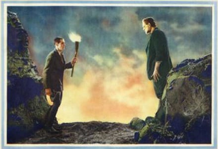 Vintage painting illustration Dr. Frankenstein encountering monster.