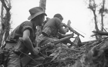 A group of soldiers armed with rifles stands on a hill, prepared to protect.