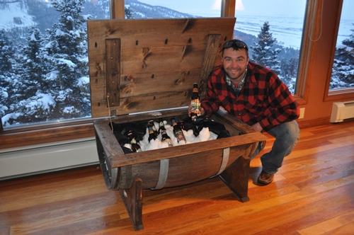 Homemade diy whiskey barrel coffee table.