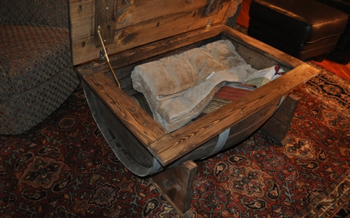 Recycled whiskey barrel furniture.