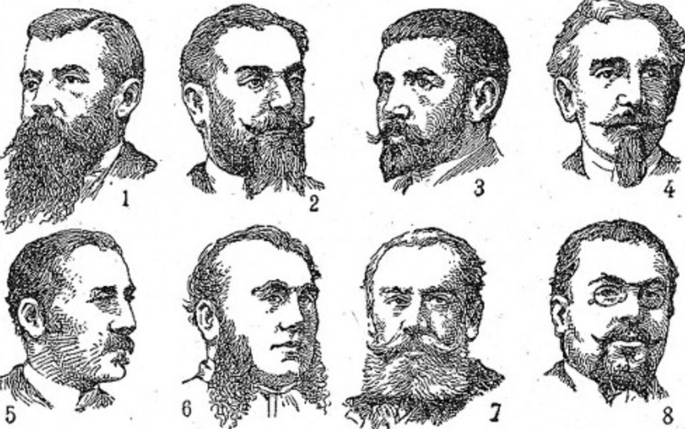 A black and white drawing of men with facial hair.