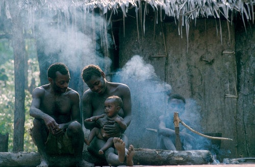 Vintage two men with little baby.