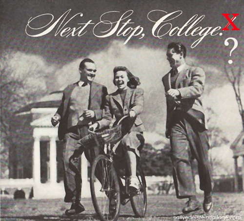 Advertisement of next stop college having women on her cycle while two men running.