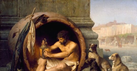 A powerful painting of a man sitting in front of a barrel with dogs, capturing the truth.