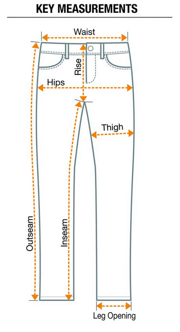 Key measurements diagram of denim jeans. 