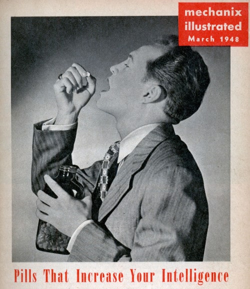 Enhance your brain power with a magazine cover featuring a suave gentleman in a suit - nootropics at their finest!