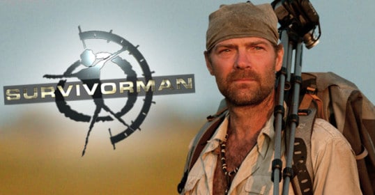 The Survivorman logo featuring a man holding a rifle, inspired by Les Stroud.