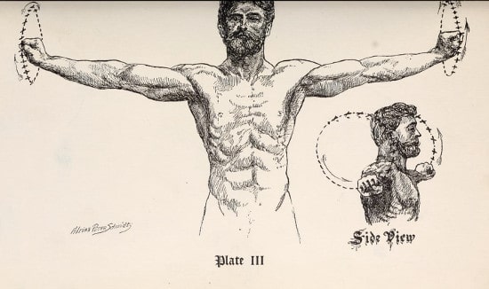 Vintage strongman doing arm circles illustration.