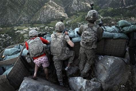 Soldiers carrying guns with barricade in mountain. 