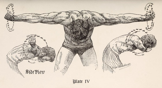 Vintage strongman doing arm circles illustration.