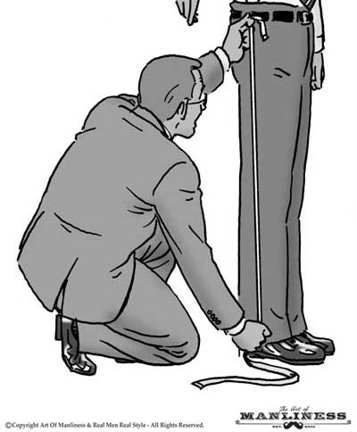 Tailor taking leg measurements of man illustration.